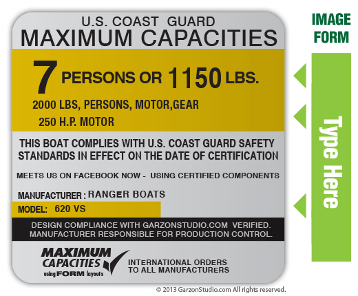 Maximum Capacities plate decal 4X4 Type D EPA EVAP NMMA Boat Maximum Capacities decal size 4x4 Type D for Boats that meets U.S. EPA EVAP Standards using certified components this decal compared to the other D type have  round corners cut with a 3/16 radio, made on silver vinyl, printed and laminated for longer life.
Maximum capacities decals, made for :
Ranger Boats (620 VS)
and others.
