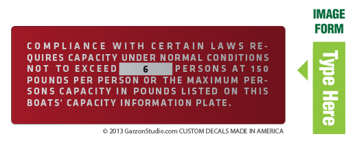 Boat maximum persons capacity decal 4x1.475 Dark-Red/Silver COMPLIANCE WITH CERTAIN LAWS REQUIRES CAPACITY UNDER NORMAL CONDITIONS NOT TO EXCEED XX PERSONS AT 150 POUNDS PER PERSON OR THE MAXIMUM PERSONS CAPACITY IN POUNDS LISTED ON THIS BOATS'CAPACITY INFORMATION PLATE.