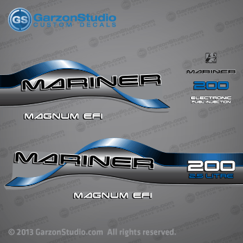  1996 1997 1998 Mariner 200 HP MAGNUM EFI 2.5 LITRE EFI Decal set Blue

1996 1997 1998 MARINER DECALS MAY WORK ON:

96, 97, 98 MARINER DECAL SET (MARINER 200 MAGNUM EFI) 200HP 2.5L EFI.
200 HP MODELS:
1200412SD L, 1200412ST L, 1200412TD L, 1200412TT L, 1200412UD L, 1200422SD XL, 1200422TD XL, 1200422UD XL, 1200425SD CXL, 1200425TD CXL.

Decal set may match any of these part numbers:

37-815630A96 DECAL SET (Gray 200 Long) SN# 0G437999 & Below
37-808563A96 DECAL SET (Gray 200 XL/CXL) SN# 0G437999 & Below
37-815630A97 DECAL SET (Gray 200 Long) SN# 0G438000 & Up
37-808563A97 DECAL SET (Gray 200 XL/CXL) SN# 0G438000 & Up
815630A96, 808563A96, 815630A97, 808563A97,

Mariner 200 HP decal - Wrap Port, Rear, Stbd Side
MAGNUM EFI decal - Stbd Side (37-830172-6)
Mariner logo decal - Front Side
Mariner decal - Front Side (37-830164-2) 
200 HP decal - Front Side
Electronic Fuel Injection decal - Front Side (83017221925690C)
MAGNUM EFI decal - Port Side (37-830172-6) 
