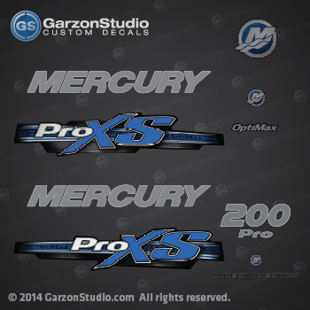 2013 Mercury 200 hp Optimax Pro XS decal set Blue 200hp proxs direct injection M logo sticker set kit replica