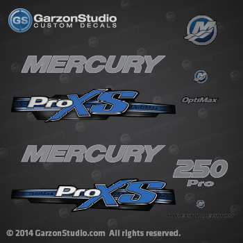 2013 Mercury 250 hp Optimax Pro XS decal set Blue 250hp proxs direct injection M logo sticker set kit replica