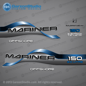  1996 1997 1998 Mariner 150 hp OFFSHORE 2.0 LITRE EFI Decal set Blue

37-809707A97 DECAL SET (MARINER 150 OFFSHORE) 150HP 2.0 L  EFI.

150 HP MODELS:
1150412SD L, 1150412ST L, 1150412TD L, 1150412TT L, 1150412UD L, 1150412UT L, 1150422SD XL, 1150422TD XL, 1150422UD XL, 1150425SD CXL, 1150425TD CXL, 1150425UD CXL, 1150454SD XR6, 1150454ST XR6, 1150454TD XR6, 1150454TT XR6, 1150454UD XR6, 1150454UT XR6, 1150462UD XL, 1150465UD CXL, 7150, 7150412ED L, 7150412FD L, 7150412FT L, 7150412GD L, 7150412GT L, 7150419ED L, 7150422ED XL, 7150422FD XL, 7150422GD XL, 7150425ED CXL, 7150425FD CXL, 7150425GD CXL, 7150454ED, 7150454FD

Mariner 150 hp 2.0 LITRE decal - Wrap Port, Rear, Stbd Side 
(37-830170-30)

Offshore decal - Stbd Side 
(37-830172-37)

Mariner logo decal - Front Side

Mariner decal - Front Side
(37-830164-2) 

150 hp decal - Front Side
(37-830170-26) 

Electronic Fuel Injection decal - Front Side

Offshore decal - Port Side
(37-830172-37) 

