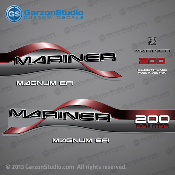  1996 1997 1998 Mariner 200 HP MAGNUM EFI 2.5 LITRE EFI Decal set Red

1996 1997 1998 MARINER DECALS MAY WORK ON:

96, 97, 98 MARINER DECAL SET (MARINER 200 MAGNUM EFI) 200HP 2.5L EFI.
200 HP MODELS:
1200412SD L, 1200412ST L, 1200412TD L, 1200412TT L, 1200412UD L, 1200422SD XL, 1200422TD XL, 1200422UD XL, 1200425SD CXL, 1200425TD CXL.

Decal set may match any of these part numbers:

37-815630A96 DECAL SET (Gray 200 Long) SN# 0G437999 & Below
37-808563A96 DECAL SET (Gray 200 XL/CXL) SN# 0G437999 & Below
37-815630A97 DECAL SET (Gray 200 Long) SN# 0G438000 & Up
37-808563A97 DECAL SET (Gray 200 XL/CXL) SN# 0G438000 & Up
815630A96, 808563A96, 815630A97, 808563A97,

Mariner 200 HP decal - Wrap Port, Rear, Stbd Side
MAGNUM EFI decal - Stbd Side (37-830172-6)
Mariner logo decal - Front Side
Mariner decal - Front Side (37-830164-2) 
200 HP decal - Front Side
Electronic Fuel Injection decal - Front Side (83017221925690C)
MAGNUM EFI decal - Port Side (37-830172-6) 
