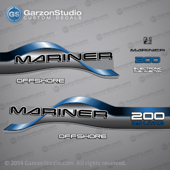  1996 1997 1998 Mariner 200 HP OFFSHORE 2.5 LITRE EFI Decal set Blue

1996 1997 1998 MARINER DECALS MAY WORK ON:

96, 97, 98 MARINER DECAL SET (MARINER 200 OFFSHORE) 200HP 2.5L EFI.
200 HP MODELS:
1200412SD L, 1200412ST L, 1200412TD L, 1200412TT L, 1200412UD L, 1200422SD XL, 1200422TD XL, 1200422UD XL, 1200425SD CXL, 1200425TD CXL.

Decal set may match any of these part numbers:

37-815630A96 DECAL SET (Gray 200 Long) SN# 0G437999 & Below
37-808563A96 DECAL SET (Gray 200 XL/CXL) SN# 0G437999 & Below
37-815630A97 DECAL SET (Gray 200 Long) SN# 0G438000 & Up
37-808563A97 DECAL SET (Gray 200 XL/CXL) SN# 0G438000 & Up
815630A96, 808563A96, 815630A97, 808563A97,

Mariner 200 HP decal - Wrap Port, Rear, Stbd Side
OFFSHORE decal - Stbd Side (37-830172-6)
Mariner logo decal - Front Side
Mariner decal - Front Side (37-830164-2) 
200 HP decal - Front Side
Electronic Fuel Injection decal - Front Side (83017221925690C)
OFFSHORE decal - Port Side (37-830172-6) 
