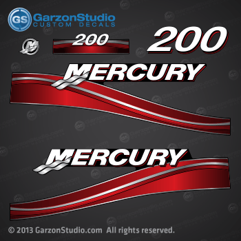 2003 2004 2005 2006 MERCURY 200 hp decal set Red 200hp decals cowling graphics sticker 
855410A04 DECAL SET 200 Mercury/Tracker Red


37-892053-006
37-892053-005 31 1/2 L x 10 H port starboard
Set of 5 black stripes
11 3/4 L x 4 1/4 H, 200
37-892053-001, 11 1/4 L x 3 1/4 H, 200
37-859263-36, 9 L x 1 3/4 H, Optimax
Soft foam filled raised, Smartcraft DTS, Mirrored silver / black
 foam filled raised, Smartcraft Integrated  Marine Technology Mirrored silver / black
Mercury emblem silver plastic

2004 Mercury 200 hp 1200D73CD, 1200D73CE, 1200D73CT, 1200D83CC, 1200D83CD, 1200D83CE, 1200D83CY, 1200D84CC, 1200D84CE, 1200D84CY, 1200D93CY, 1200D94CY, 7200D73RD, 7200D83RY.

2005 Mercury 200 hp 1200D73DD, 1200D73DT, 1200D83DC, 1200D83DD, 1200D83DY, 1200D84DC, 1200D84DY, 1200E73DD, 1200E83DC, 1200E83DY, 1200E84DC, 1200E84DY, 7200D73TD, 7200D83TY.

2006 Mercury 200 hp 1200D73FT, 1200D73FY, 1200D83FC, 1200D83FY, 1200D84FC, 1200D84FY, 1200E73FY, 1200E83FC, 1200E83FY, 1200E84FC, 1200E84FY, 7200D73UY, 7200D83UY

