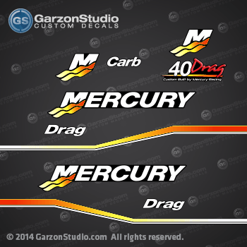 Mercury Racing 1999 2001 2002 2003 2004 2005 2006 225 hp 40hp 40Drag 40 Drag Carb Mercury racing decal set decals kit sticker stickers custom built by Mercury Racing