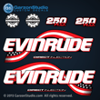 2003 2004 2005 Evinrude 250 hp decal set kit 0776290 DECAL SET, Flag Blue models
0215320 DECAL, Flag and logo - Port
0215319 DECAL, Flag and logo - Stbd
0215321 FICHT RAM INJECTION Decal
0215317 BOMBARDIER, Front/Rear
0215322 250 H.O. Front/Rear 
E250FCXSTA E250FCZSTA E250FPLSTR E250FPXSTA E250FPZSTA FLAG DECAL SET